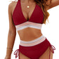 👙High Waisted Tummy Control Colour Block Bikini Sets