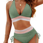 👙High Waisted Tummy Control Colour Block Bikini Sets